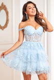 Sparkly Dark Blue Corset Tiered Short Graduation Dress with Lace