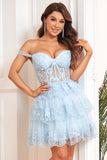 Sparkly Dark Blue Corset Tiered Short Graduation Dress with Lace