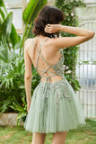 A Line Spaghetti Straps Green Short Graduation Dress with Criss Cross Back