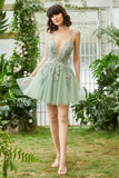 A Line Spaghetti Straps Green Short Graduation Dress with Criss Cross Back