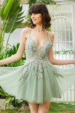 A Line Spaghetti Straps Green Short Graduation Dress with Criss Cross Back