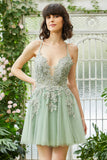 A Line Spaghetti Straps Green Short Graduation Dress with Criss Cross Back