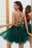 A Line Spaghetti Straps Green Short Graduation Dress with Criss Cross Back