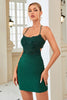 Load image into Gallery viewer, Sheath Spaghetti Straps Dark Green Short Graduation Dress with Appliques