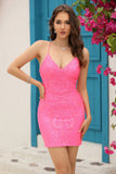 Sheath Spaghetti Straps Fuchsia Sequins Short Graduation Dress