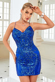 Sheath Spaghetti Straps Royal Blue Sequins Short Graduation Dress