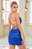 Load image into Gallery viewer, Sheath Spaghetti Straps Fuchsia Sequins Short Graduation Dress