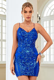 Sheath Spaghetti Straps Royal Blue Sequins Short Graduation Dress