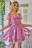 Load image into Gallery viewer, Floral A Line Purple Graduation Dress with Ruffles