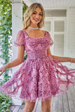 Floral A Line Purple Graduation Dress with Ruffles