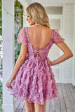 Floral A Line Purple Graduation Dress with Ruffles