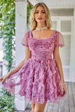 Floral A Line Purple Graduation Dress with Ruffles