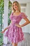 Floral A Line Purple Graduation Dress with Ruffles