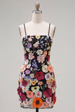 Black Spaghetti Straps Sheath Graduation Dress with 3D Flowers