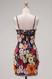 Black Spaghetti Straps Sheath Graduation Dress with 3D Flowers