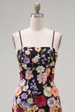 Black Spaghetti Straps Sheath Graduation Dress with 3D Flowers
