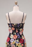 Black Spaghetti Straps Sheath Graduation Dress with 3D Flowers