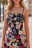 Black Spaghetti Straps Sheath Graduation Dress with 3D Flowers