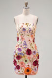 Black Spaghetti Straps Sheath Graduation Dress with 3D Flowers