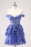 Sparkly A Line Off the Shoulder Dark Blue Corset Homecoming Dress with Ruffles