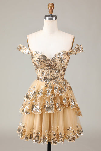 Golden Sparkly Corset Tiered Lace A-Line Short Graduation Dress
