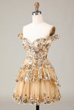 Golden Sparkly Corset Tiered Lace A-Line Short Graduation Dress