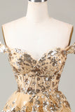 Golden Sparkly Corset Tiered Lace A-Line Short Graduation Dress