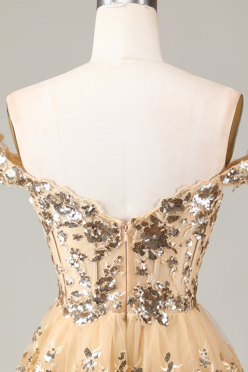 Load image into Gallery viewer, Golden Sparkly Corset Tiered Lace A-Line Short Graduation Dress