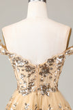 Golden Sparkly Corset Tiered Lace A-Line Short Graduation Dress