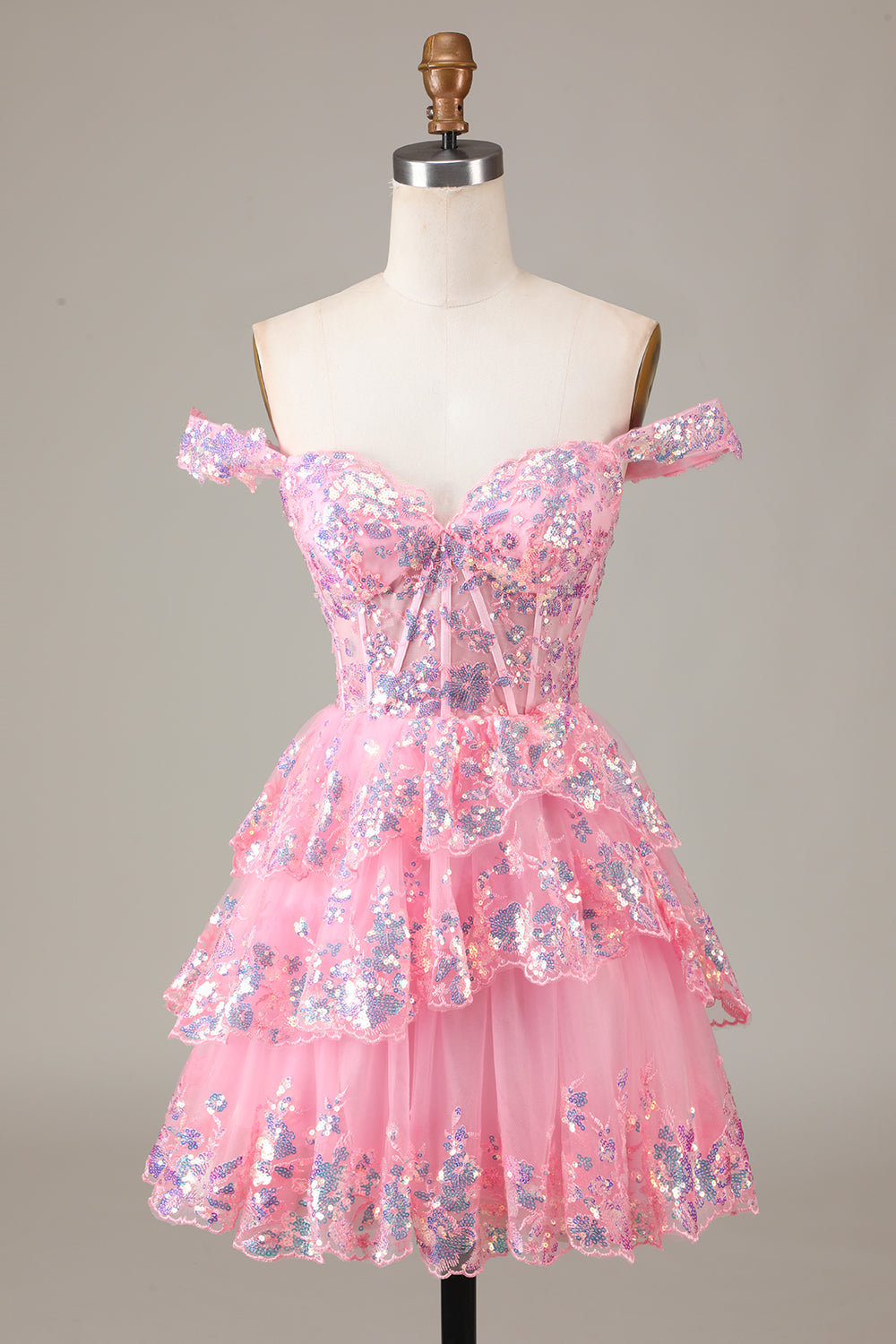 Pink Sparkly Corset Tiered Lace A-Line Short Party Dress