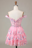 Pink Sparkly Corset Tiered Lace A-Line Short Party Dress