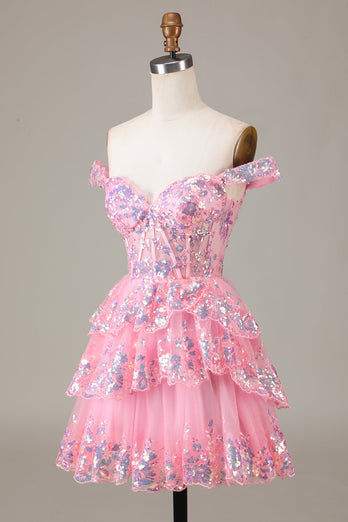 Pink Sparkly Corset Tiered Lace A-Line Short Party Dress