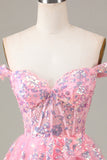 Pink Sparkly Corset Tiered Lace A-Line Short Party Dress