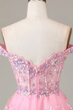 Pink Sparkly Corset Tiered Lace A-Line Short Party Dress