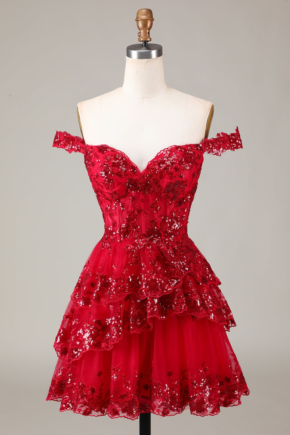Red Sparkly Corset Tiered Lace A-Line Short Party Dress
