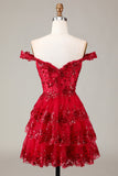 Red Sparkly Corset Tiered Lace A-Line Short Party Dress