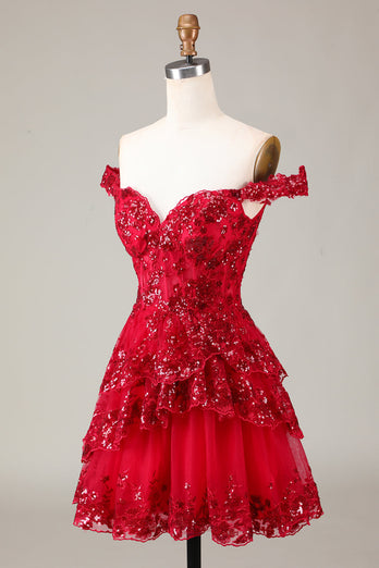 Red Sparkly Corset Tiered Lace A-Line Short Party Dress