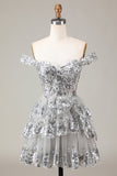 Silver Sparkly Corset Tiered Lace A-Line Short Homecoming Dress