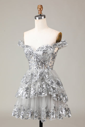 Silver Sparkly Corset Tiered Lace A-Line Short Homecoming Dress