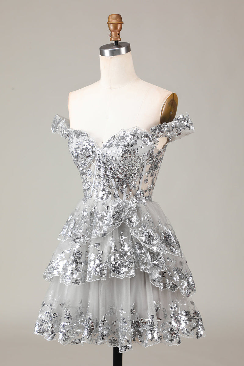 Load image into Gallery viewer, Silver Sparkly Corset Tiered Lace A-Line Short Homecoming Dress