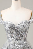 Silver Sparkly Corset Tiered Lace A-Line Short Homecoming Dress