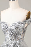 Silver Sparkly Corset Tiered Lace A-Line Short Homecoming Dress