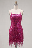 Fuchsia Sheath Spaghetti Straps Sequins Homecoming Dress with Lace Up Back