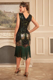 Black Green Sequins 1920s Flapper Dress with Fringe