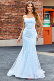 Sparkly Light Blue Beaded Mermaid Long Prom Dress