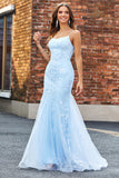 Sparkly Light Blue Beaded Mermaid Long Prom Dress