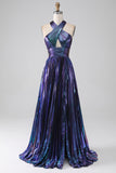 Stunning A Line Halter Neck Purple Long Prom Dress with Keyhole Split Front