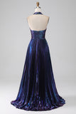 Stunning A Line Halter Neck Purple Long Prom Dress with Keyhole Split Front