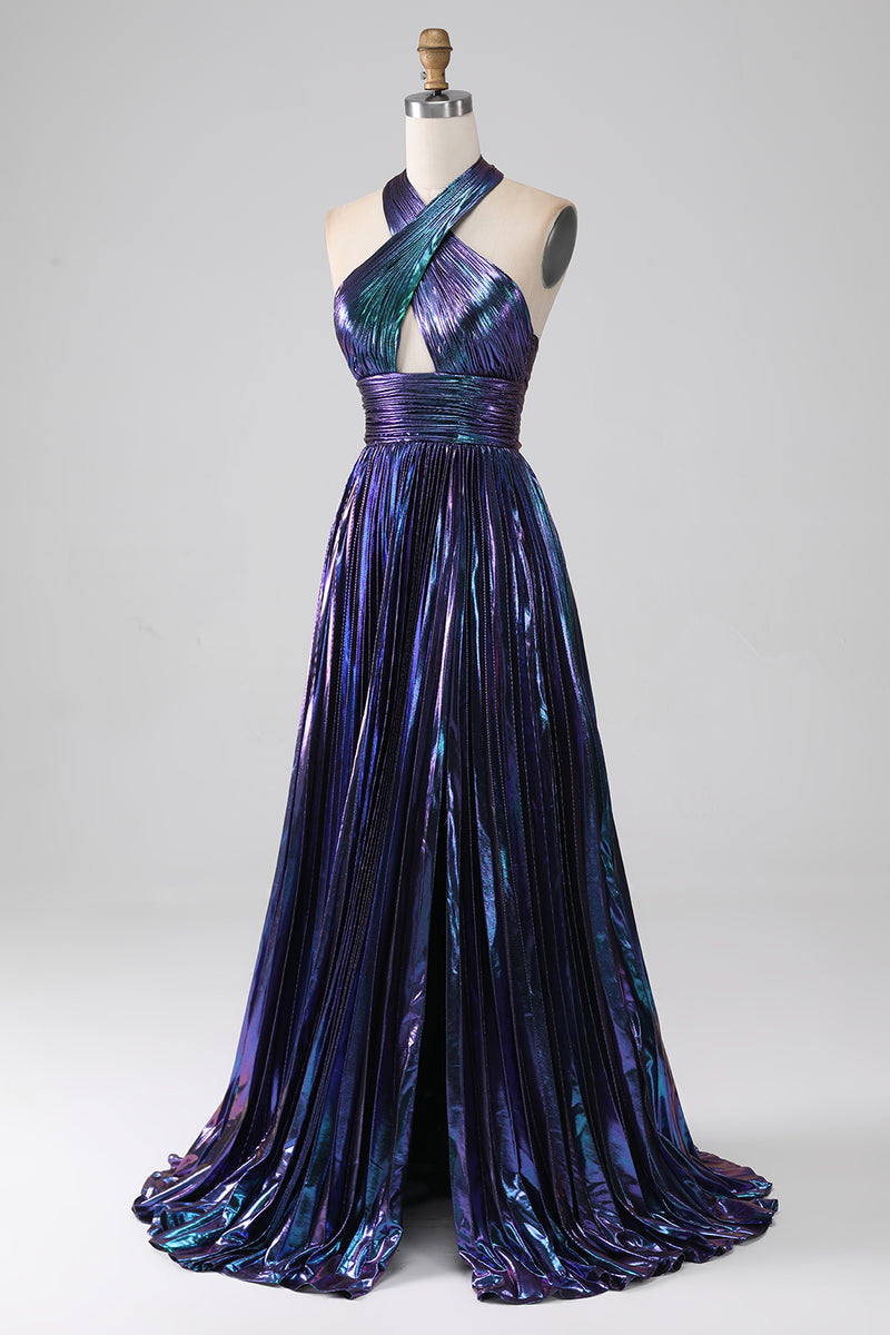 Load image into Gallery viewer, Stunning A Line Halter Neck Purple Long Prom Dress with Keyhole Split Front