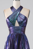 Stunning A Line Halter Neck Purple Long Prom Dress with Keyhole Split Front